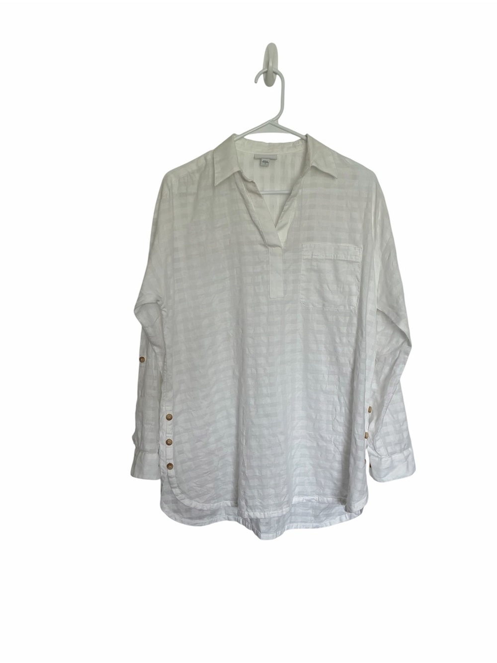 J. Jill White Textured Button-Tab 100% Cotton Pullover Tunic Shirt oversized